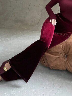 Burgundy Elegant Women's High Waist Velvet Pants